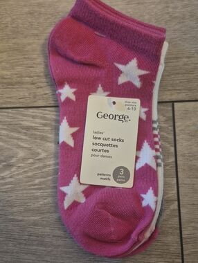 George Ladies Pink Star/Gray/White Low Cut Socks - 3 Pairs For Shoe Size 6-10